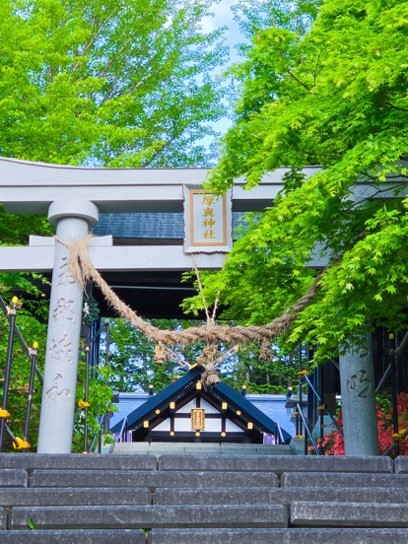 厚真神社の様子、鳥居と社殿