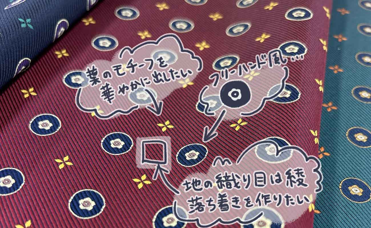 KINSHOKUネクタイ ブルーベリーの生地の画像、書き込み「葉のモチーフを華やかに出したい」「フリーハンド風に」「地の織り目は綾、落ち着きを作りたい」